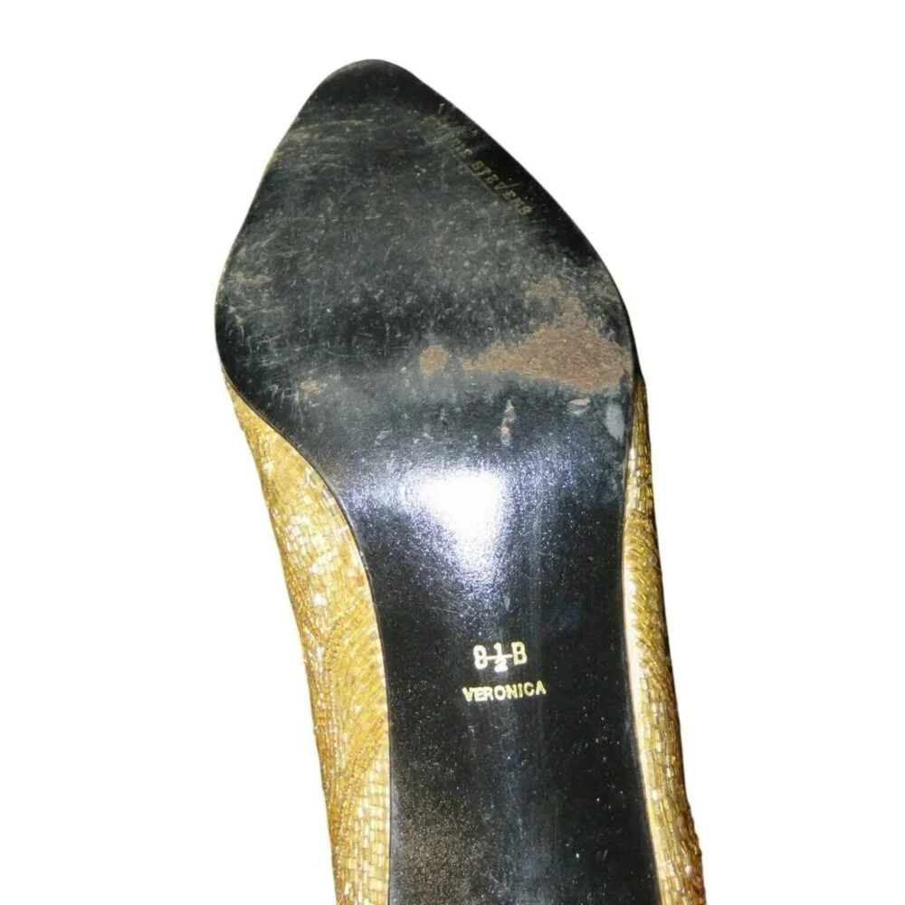 Valerie Stevens Veronica Gold Beaded Leather Kitten Heel Closed Toe Pumps
